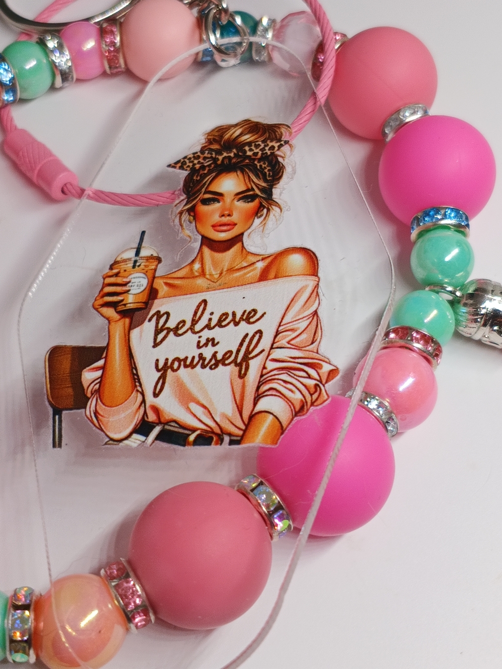 Pink Beaded Key & Card Holder – Inspirational 'Believe in Yourself' Charm